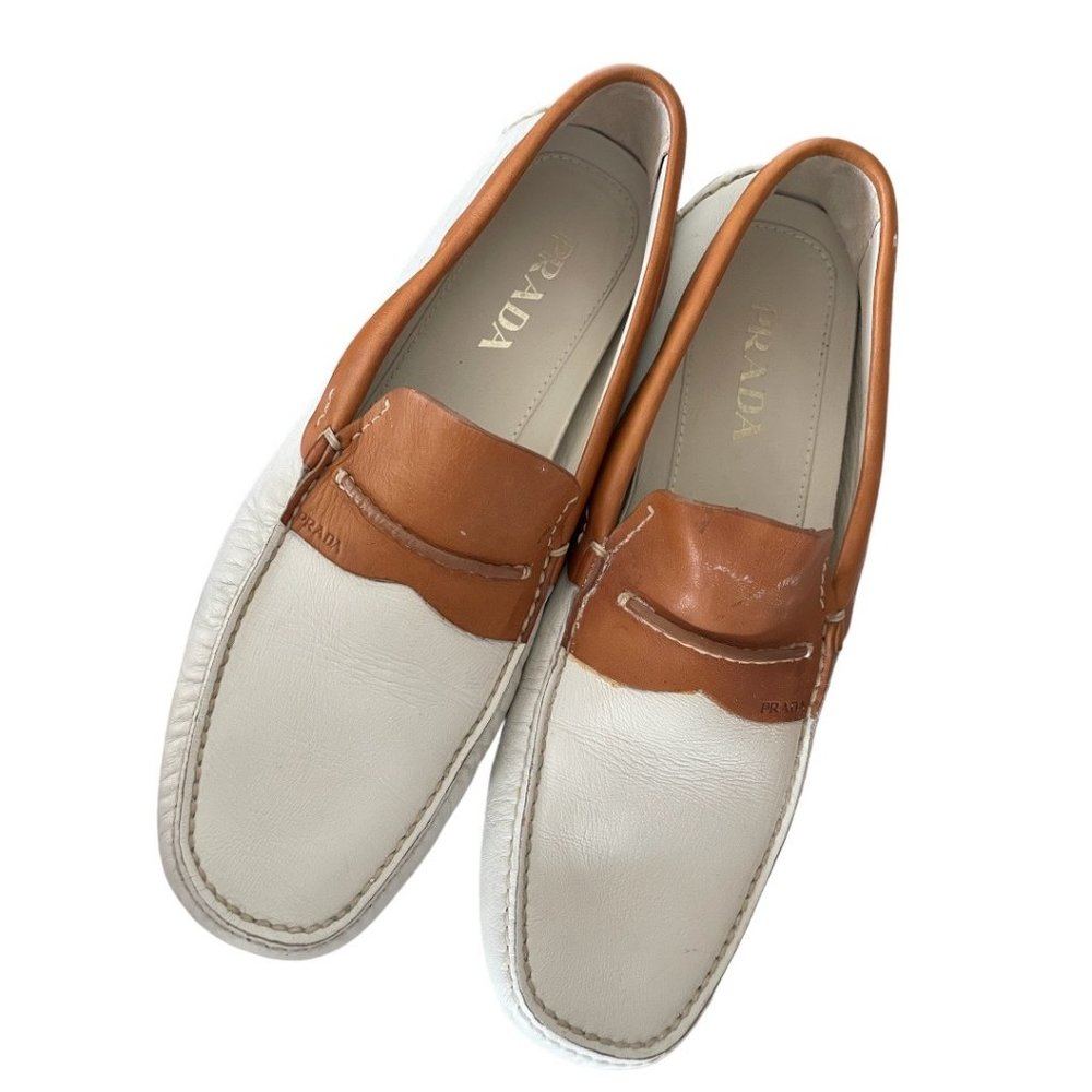 Prada Men's Cream & Cognac Leather Loafers Size 9 1/2